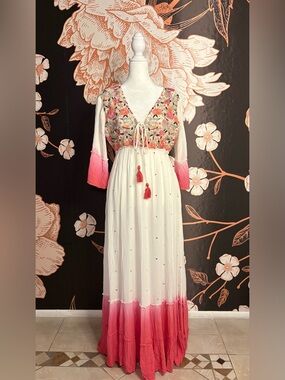 ENCHANTING Ivory and Pink Floral Embroidered Maxi Dress with Soft Ombre Hem